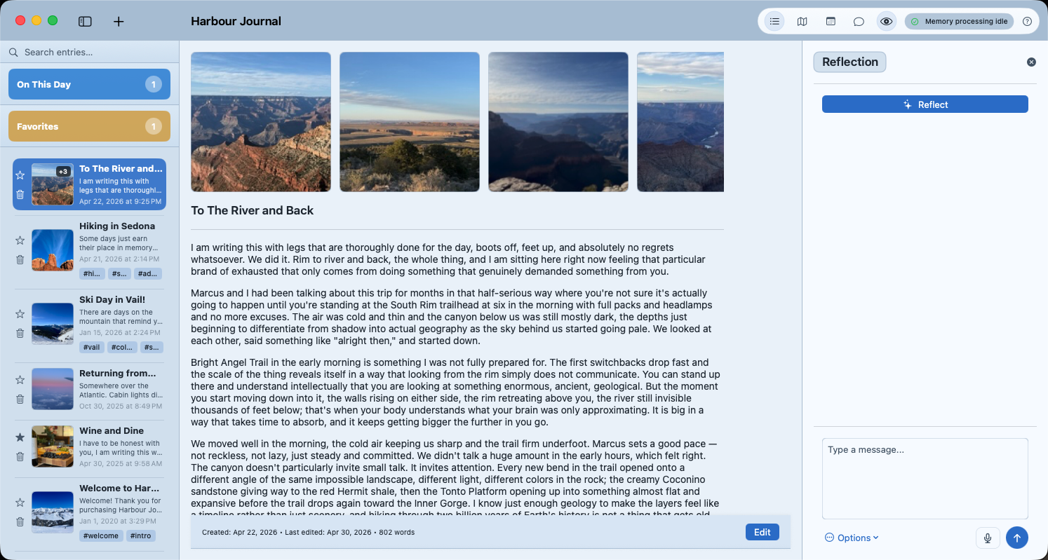 Harbour Journal app showing entry list, journal editor, and reflection pane