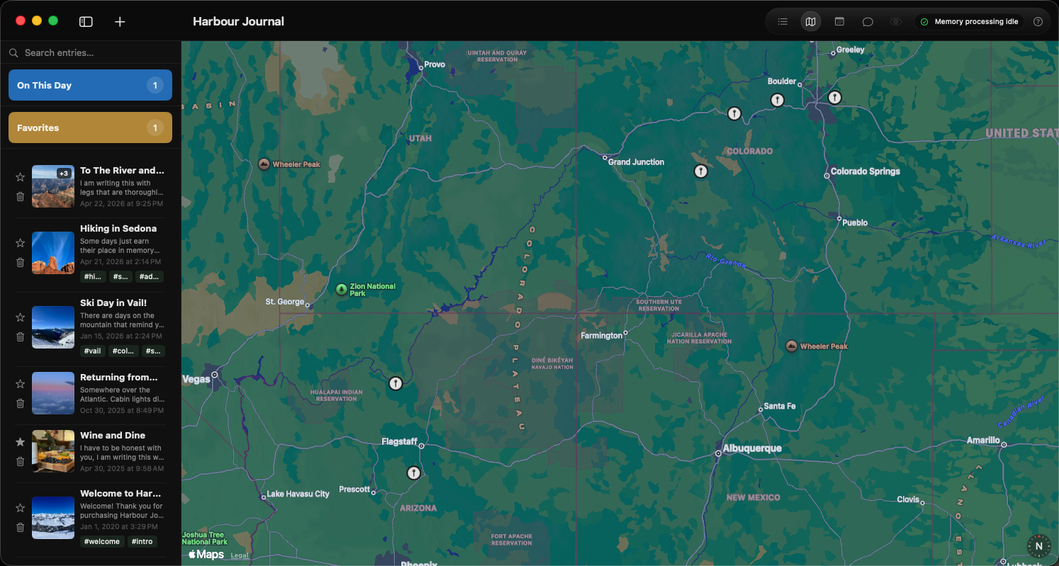 Harbour Journal app showing entry list and map view